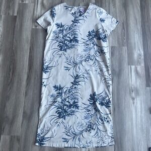 Vintage Women's + Size 20w Dress Off White & Blue Linen Blend Midi Short Sleeve